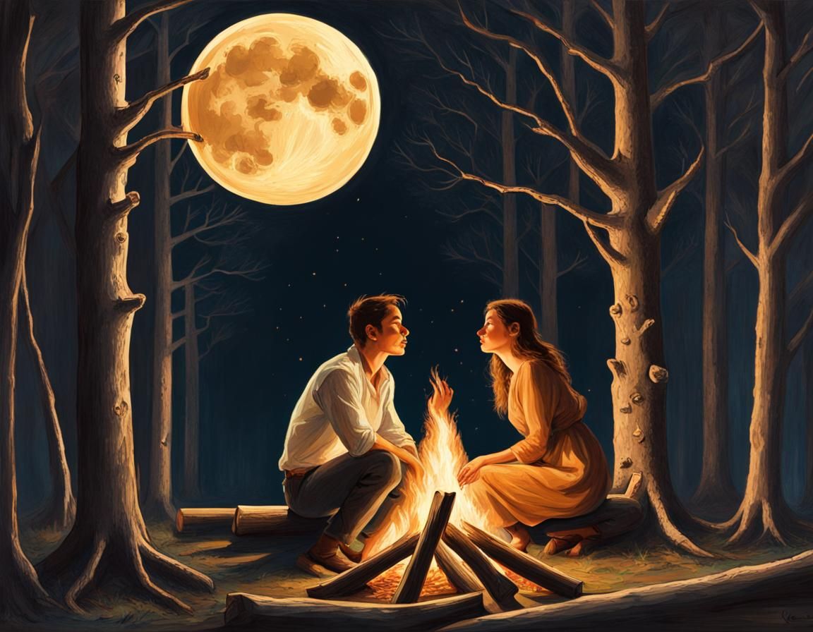 Couple Kissing in Forest Under Moonlight