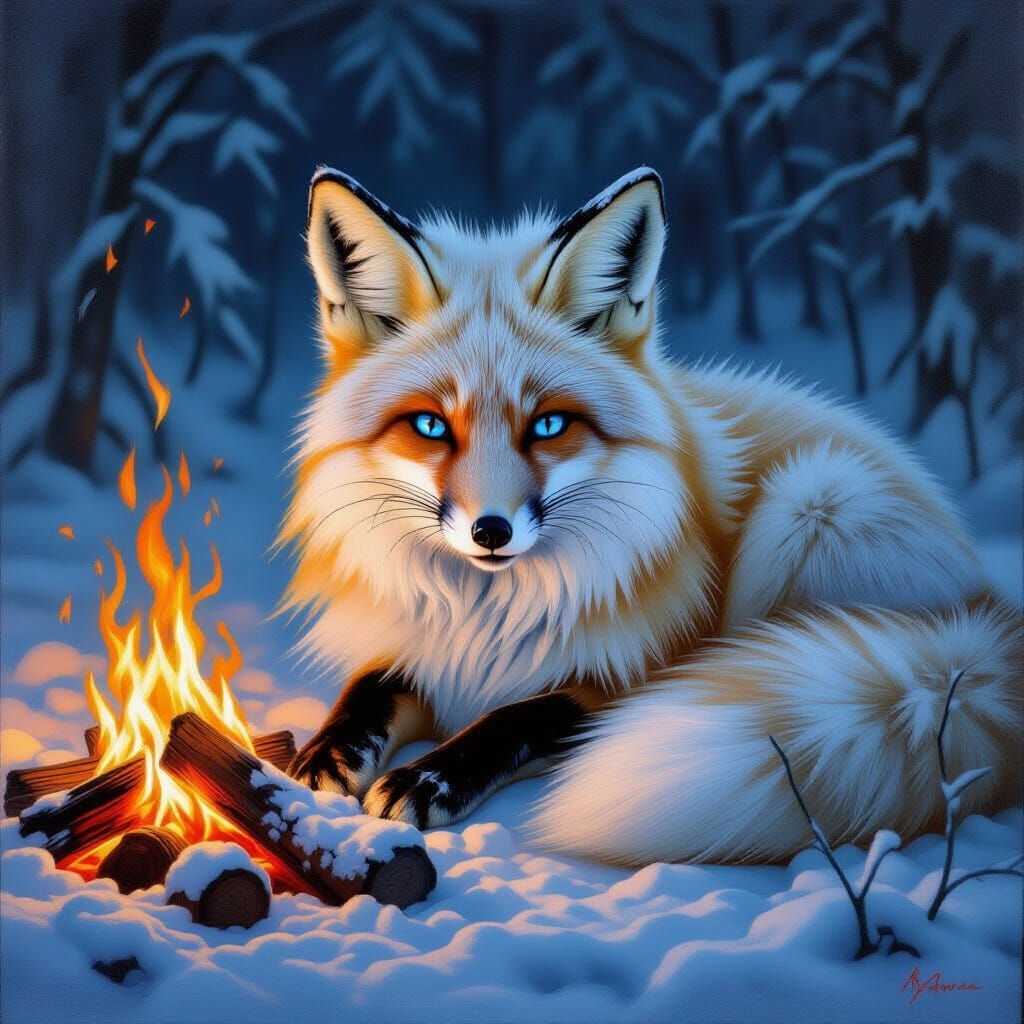 Shivering Fox by Campfire in Impasto Oil Style