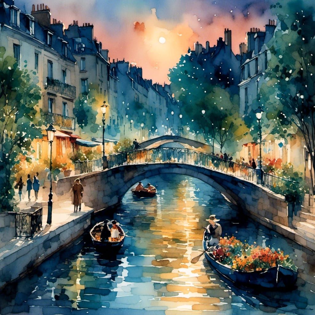 Moonlit Seine River in Paris at Twilight