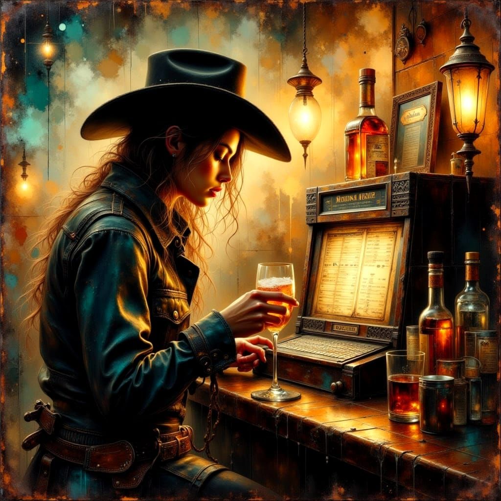 Jukebox in Bar: Volumetric Oil Painting in Western Grunge St...