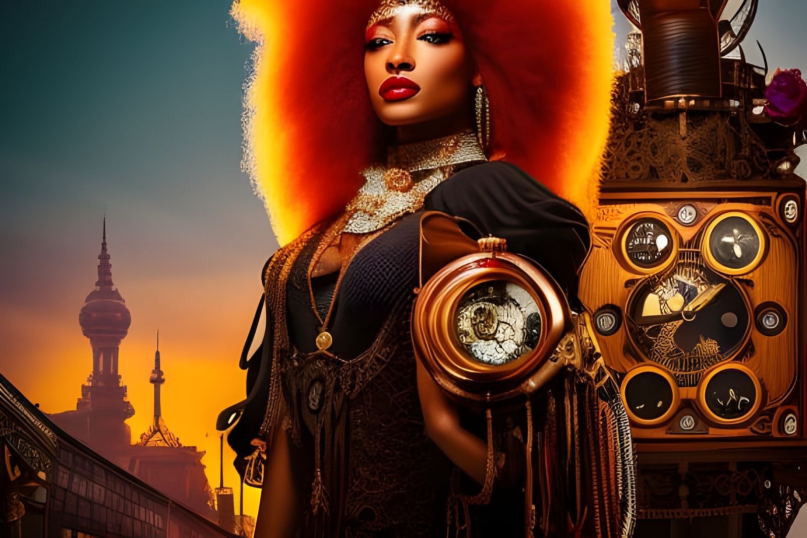 Steampunk Afro-Boho Lady in Clockwork City