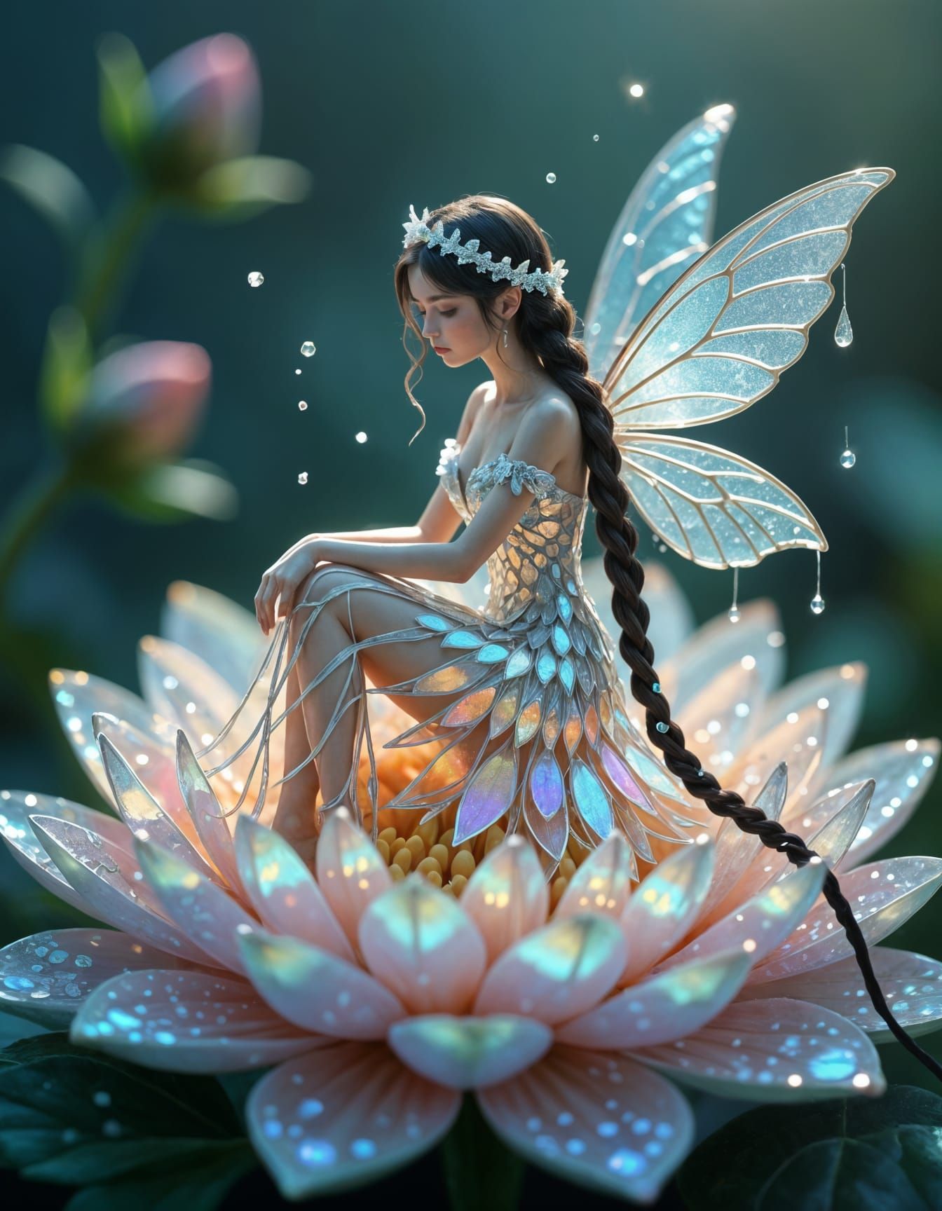 Tiny Fairy in Glass Shard Dress on Bioluminescent Flower