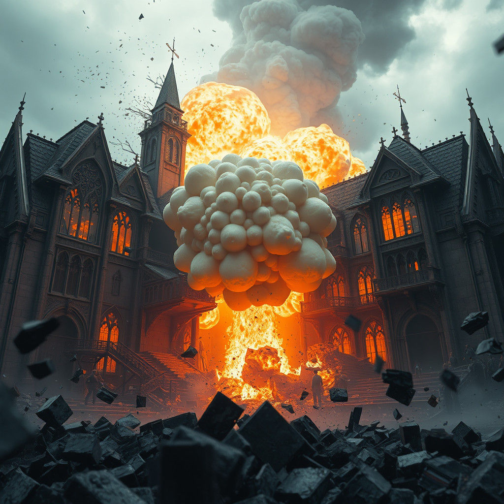 Fantasy Building Destroyed by Bomb Shockwave