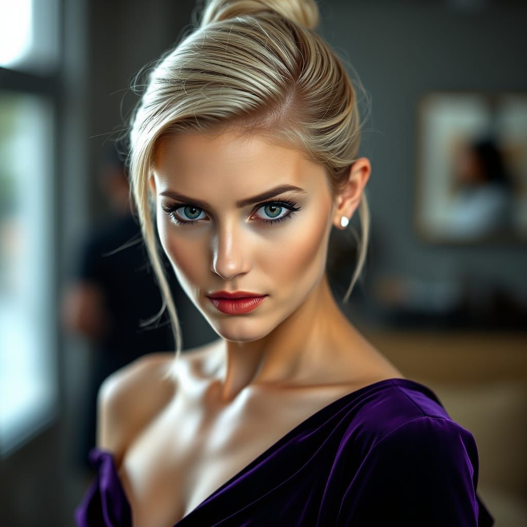 Elegant Blonde Woman in Velvet Violet Dress