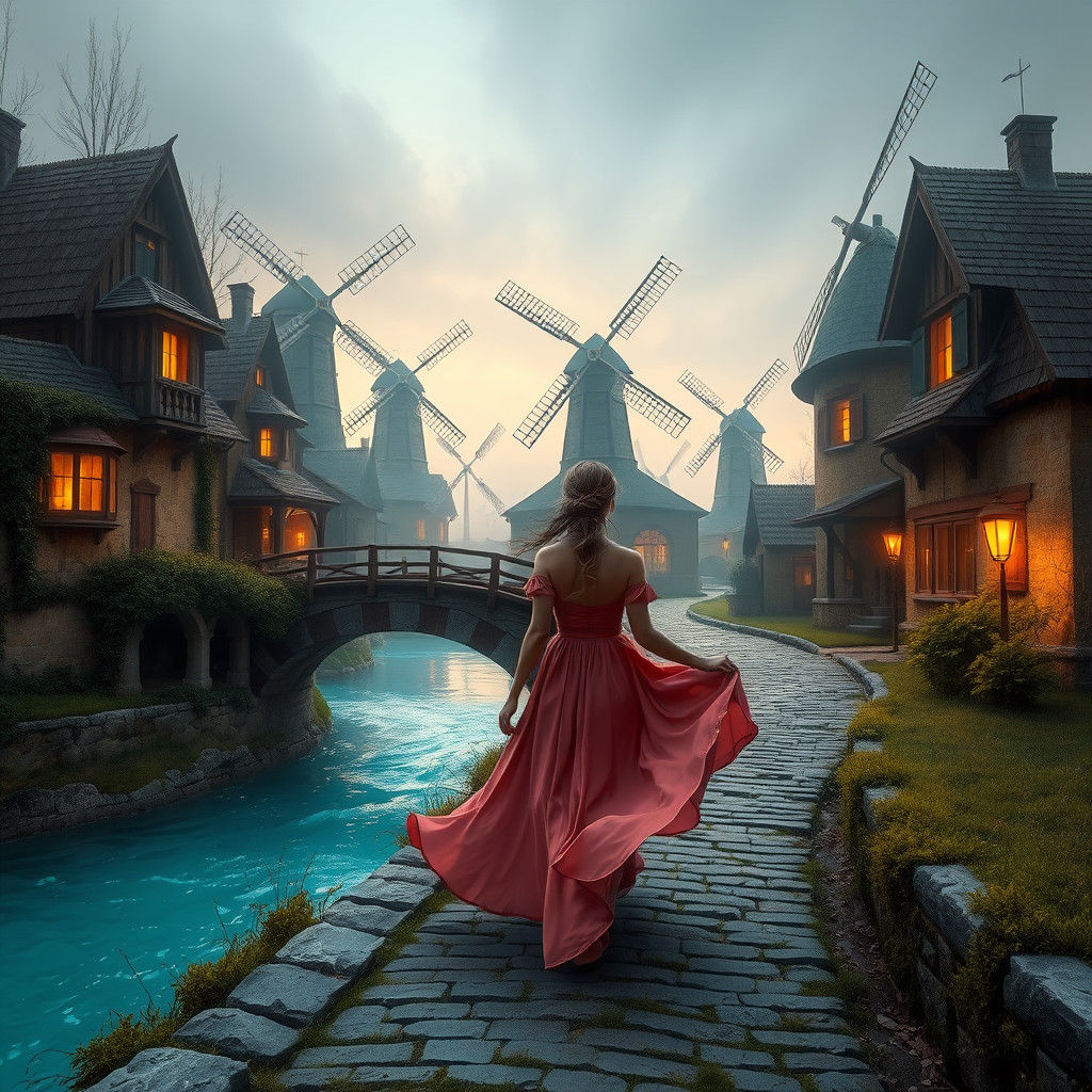 Ethereal Village Scene with Arched Bridge in Matte Painting ...