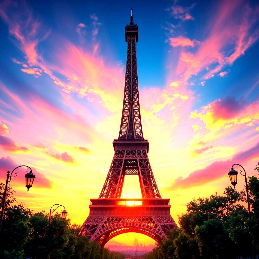 Surreal Sunset Over Eiffel Tower in Fantastical Art