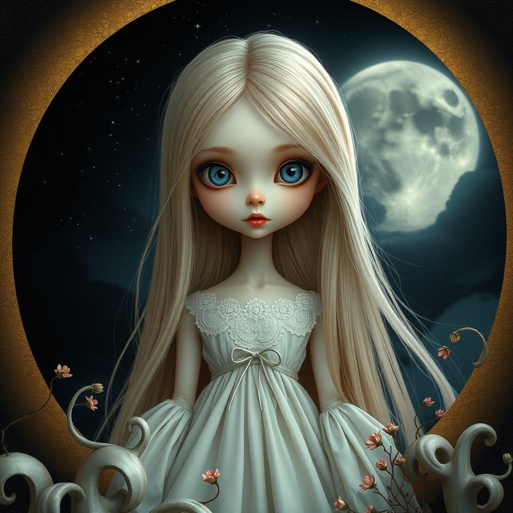Fantasy Portrait of a Doll-Like Girl Under a Golden Moon Arc...