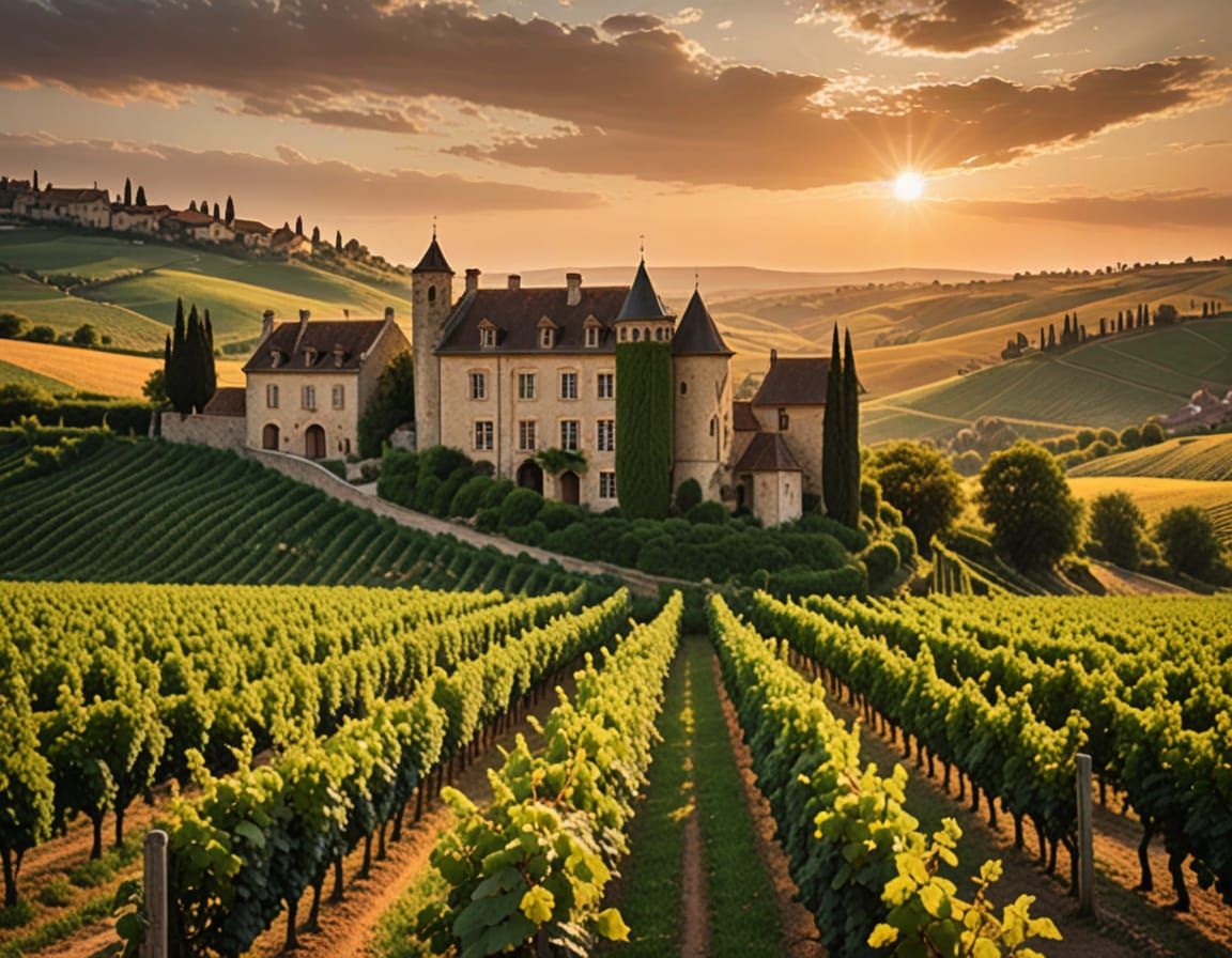 Burgundy Vineyard at Sunset in Impressionist Style