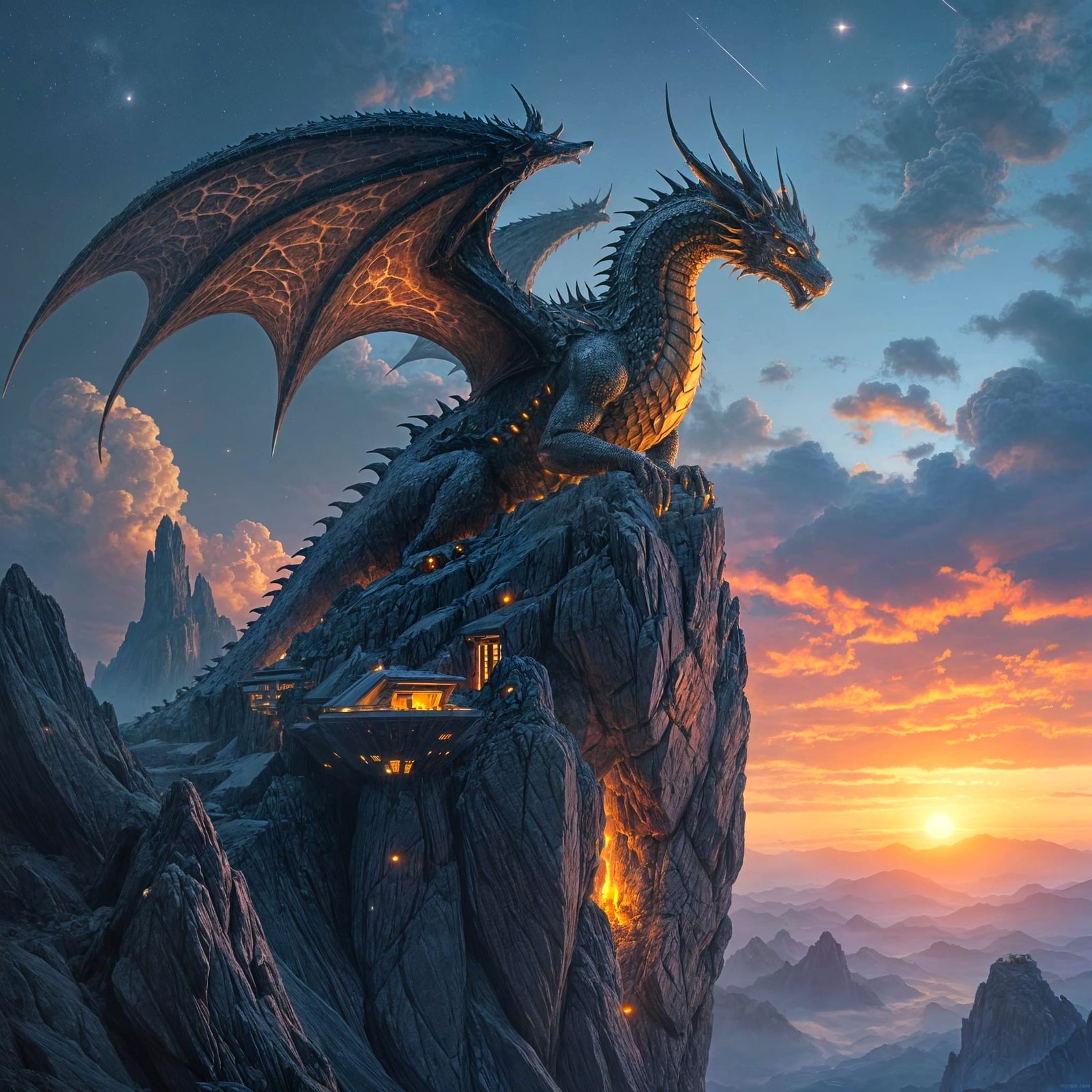 Ancient Obsidian Dragon on Futuristic Asteroid Dwelling