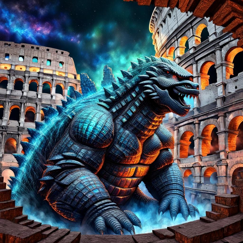 Godzilla Sleeps Inside the Colosseum: Cosmic Illustration