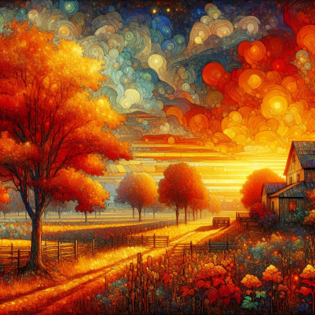 Art Nouveau Autumn Farm at Sunset