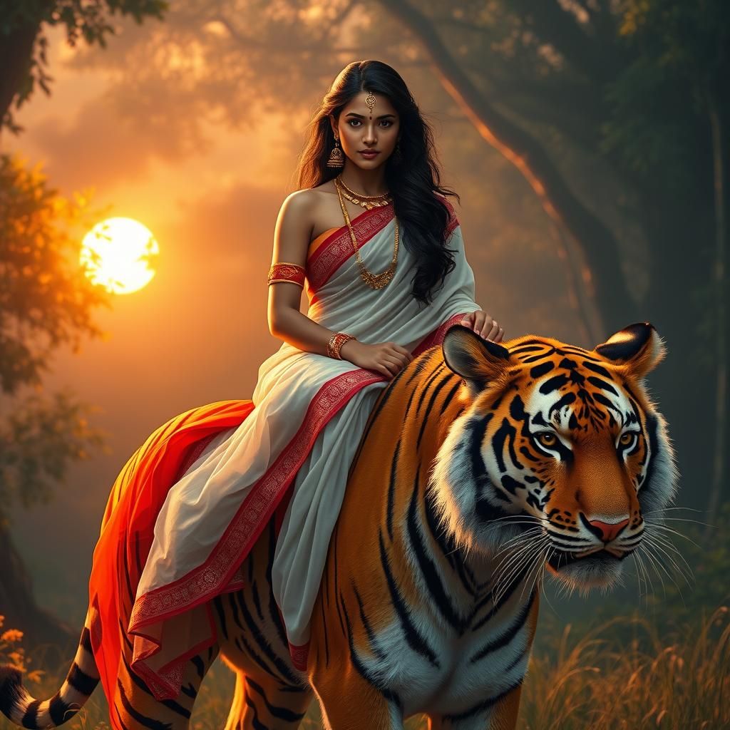 Indian Goddess on Tiger in Mystical Forest