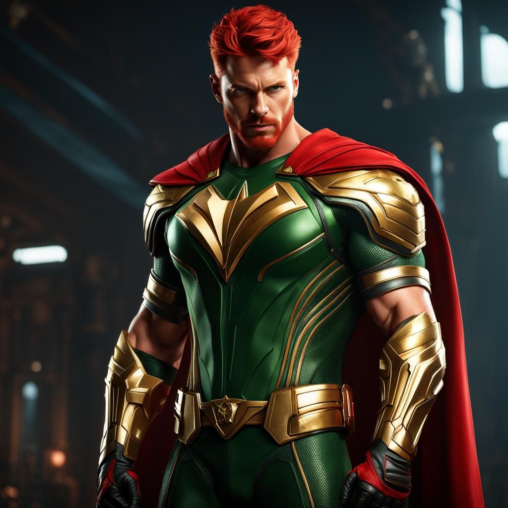 Red-Headed Superhero in Gold Spandex, Fantasy Art