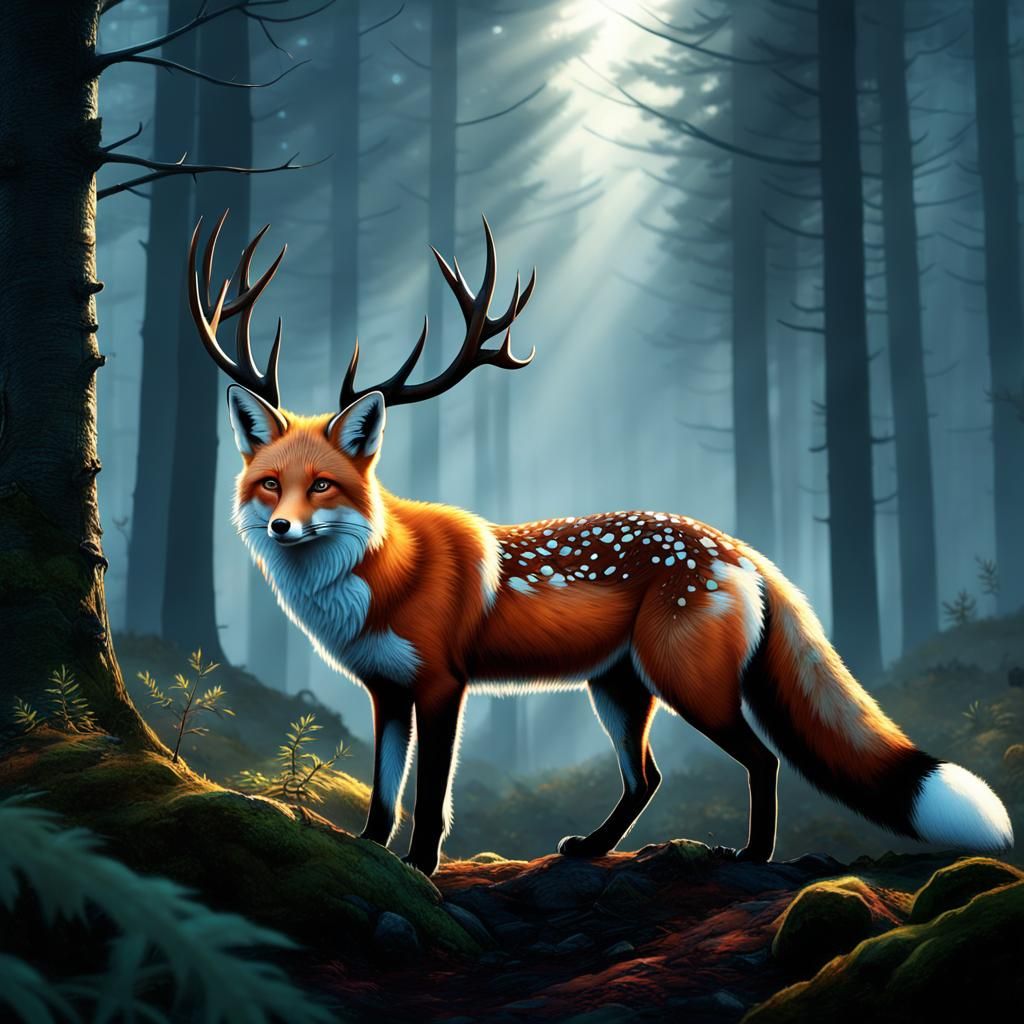 Elegant Fox with Deer Antlers in Foggy Forest