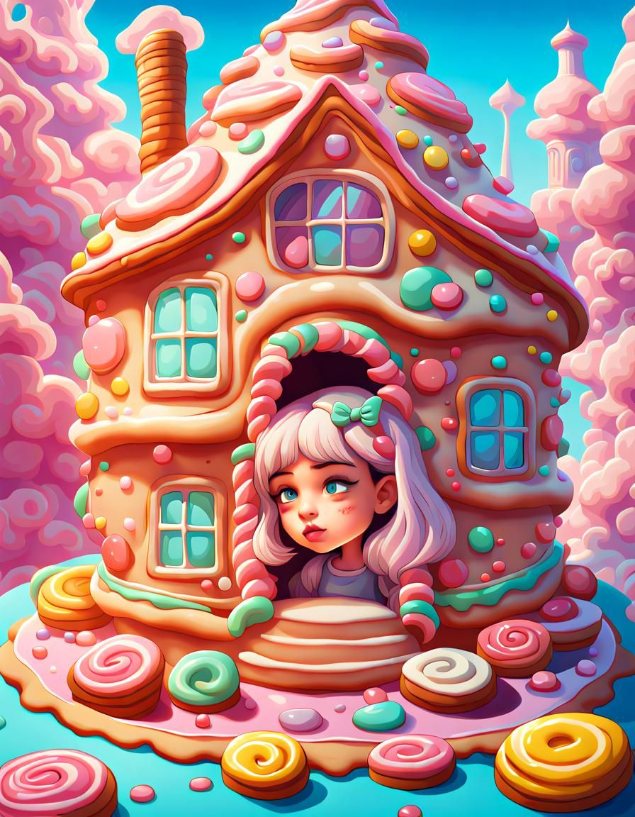 A girl slumbers inside a cookie house cuddling a  little dragon Candy art style! Whimsical playful colorful! candy!!! 🍬...