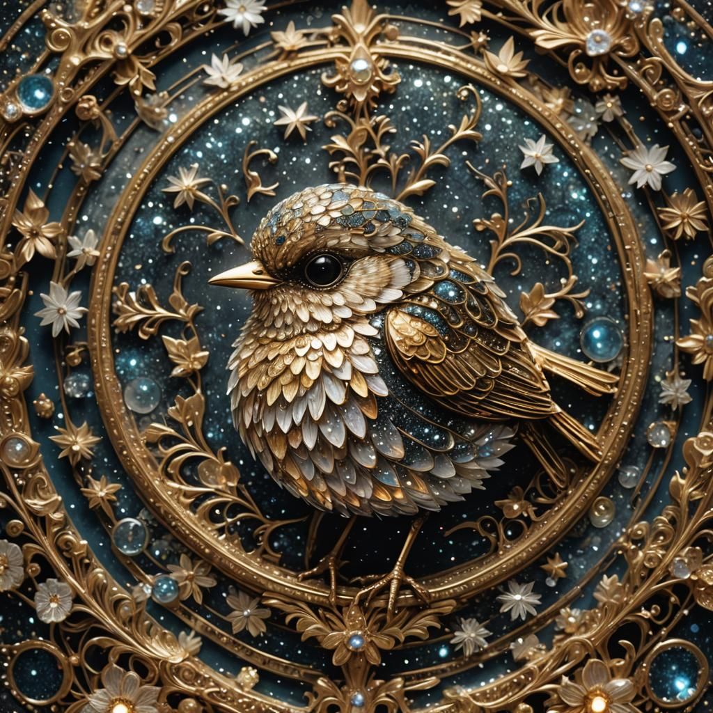 Glittering Bird Macro Photography with Ornate Motifs