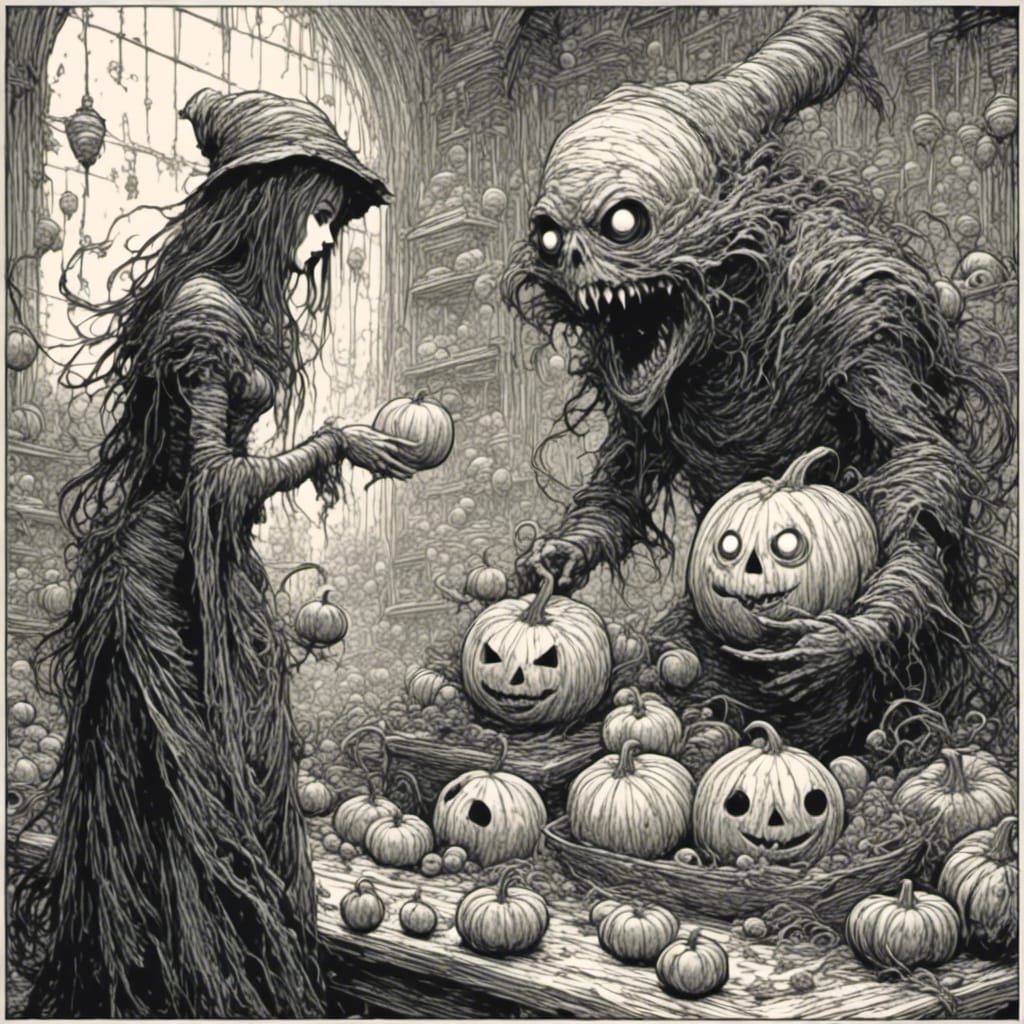 Puppeteer Witch Mending Pumpkin Monster in Dark Fantasy