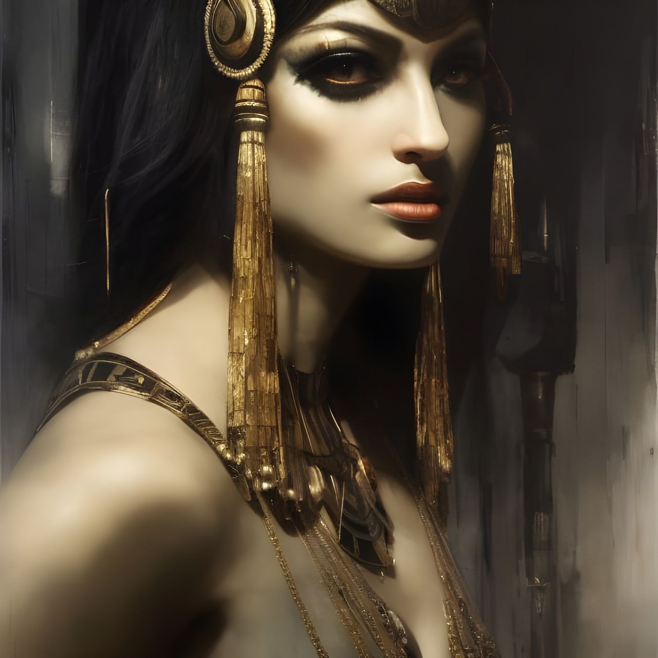 Egyptian Goddess Ma'at in Dark Oil Painting Style