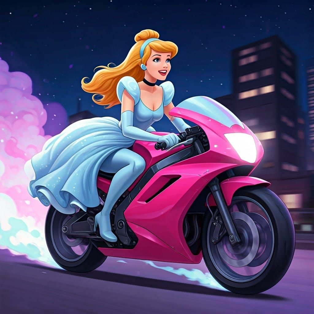 Cinderella Rides Motorbike in Futuristic Cityscape