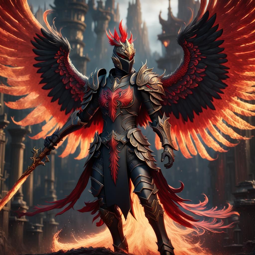 Black and Red Phoenix Knight: Detailed Fantasy Art