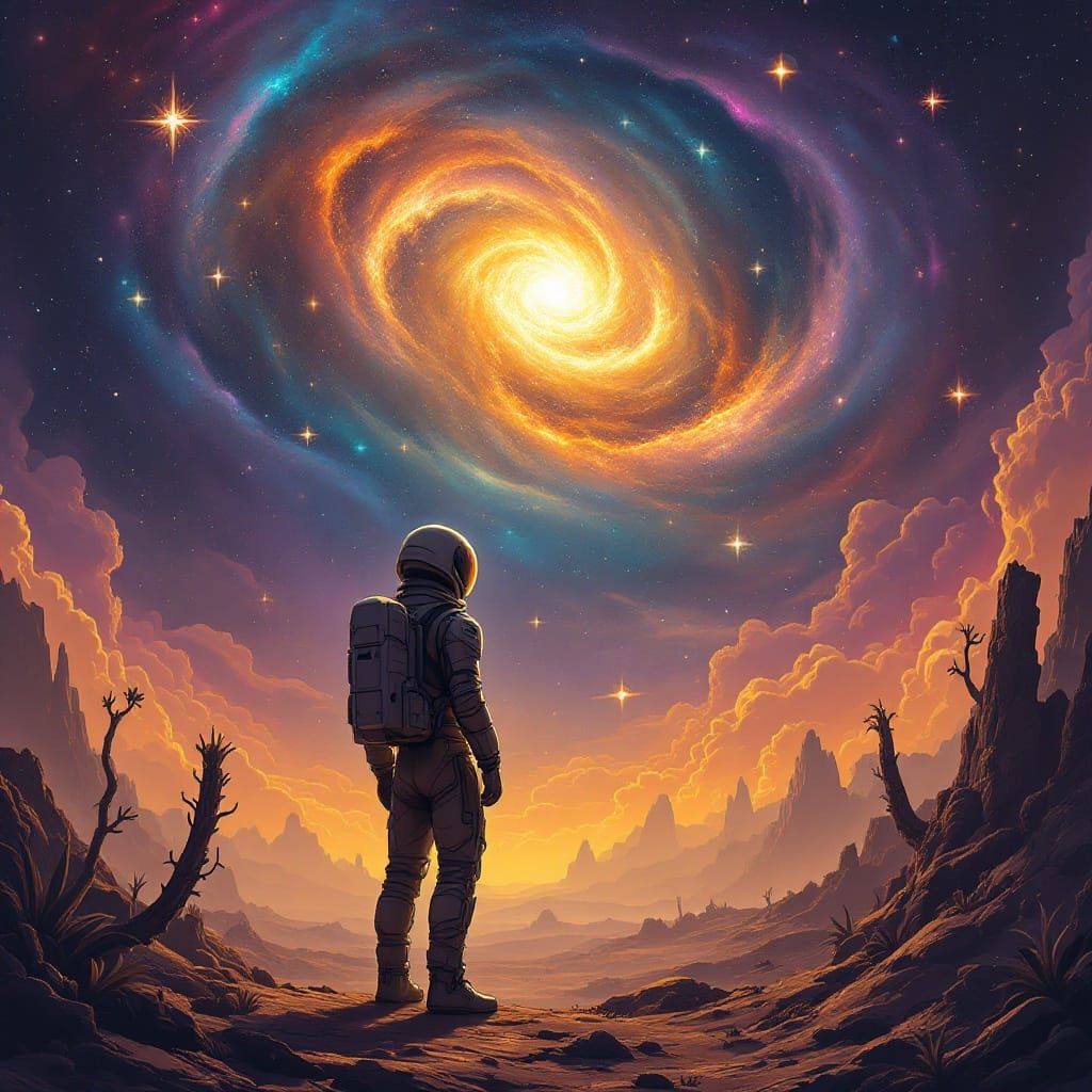 Astronaut on Alien Planet Gazing at Swirling Nebula