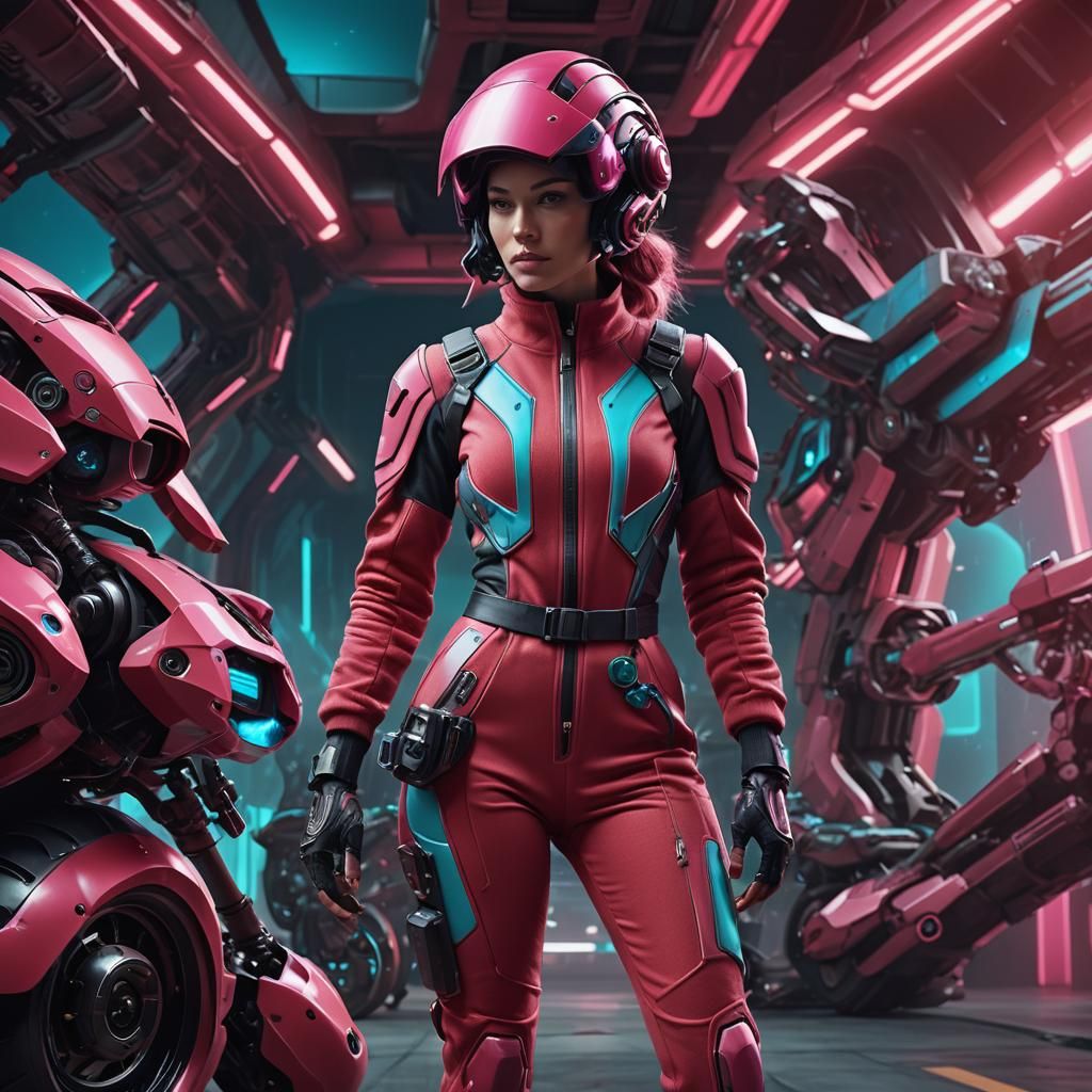 Woman with Futuristic Helmet and Hover Bike