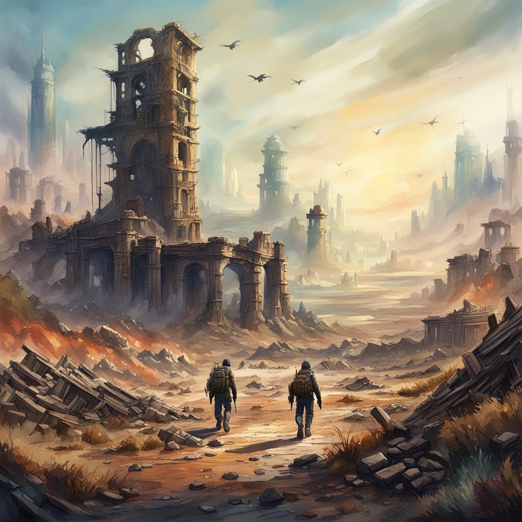 Post-Apocalyptic Watercolour Landscape with Distant Ruins