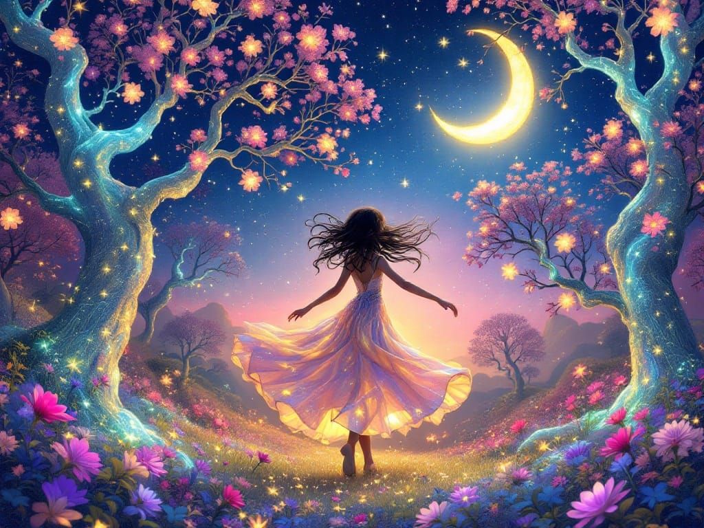 Girl Dances Under Glowing Moonlit Trees in Whimsical Fantasy...