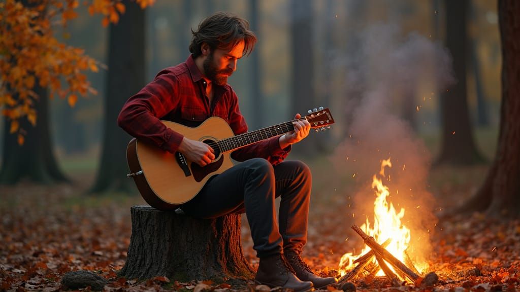 Man Plays Guitar by Campfire in Autumn Woodland