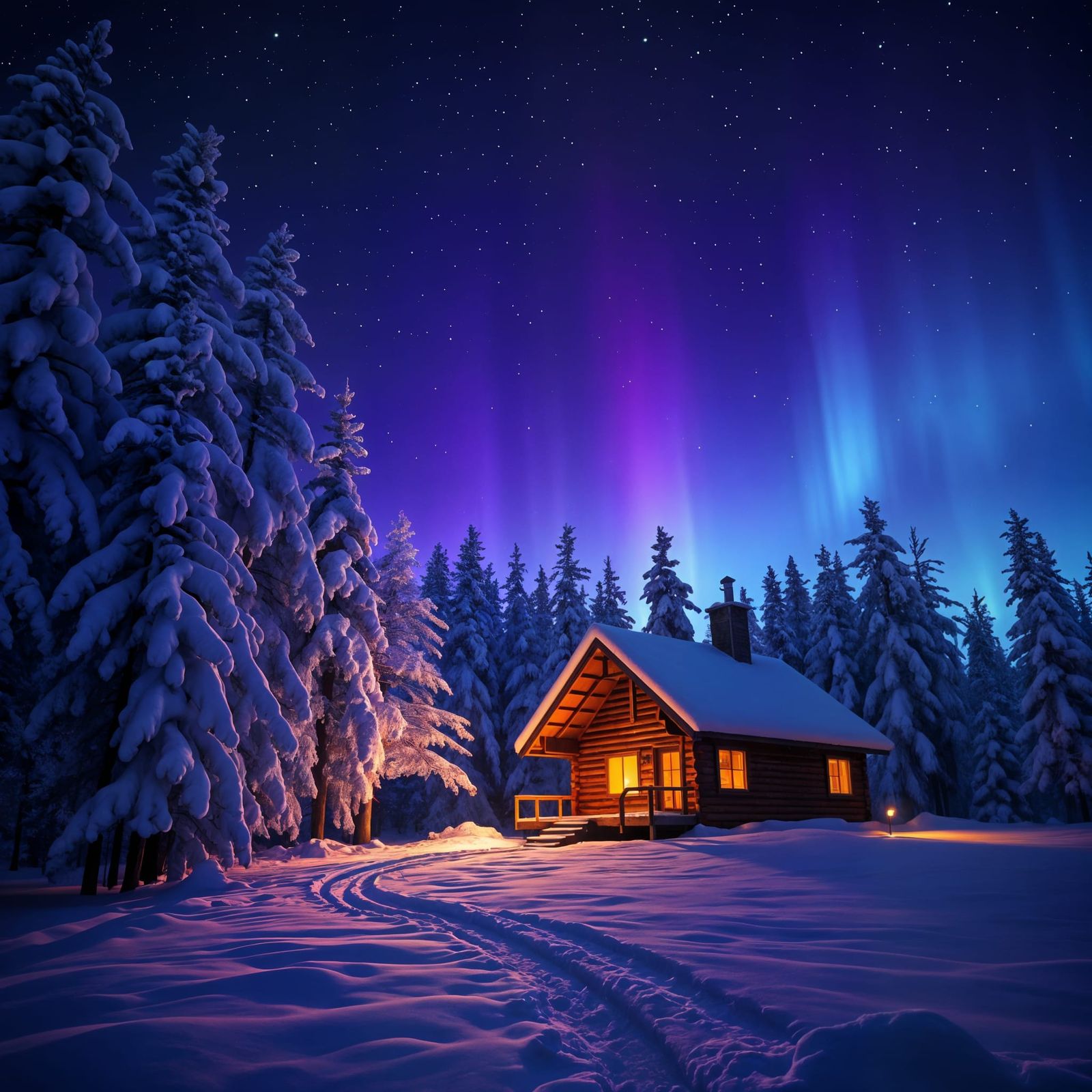 Synthwave Snow Cabin Under Northern Lights