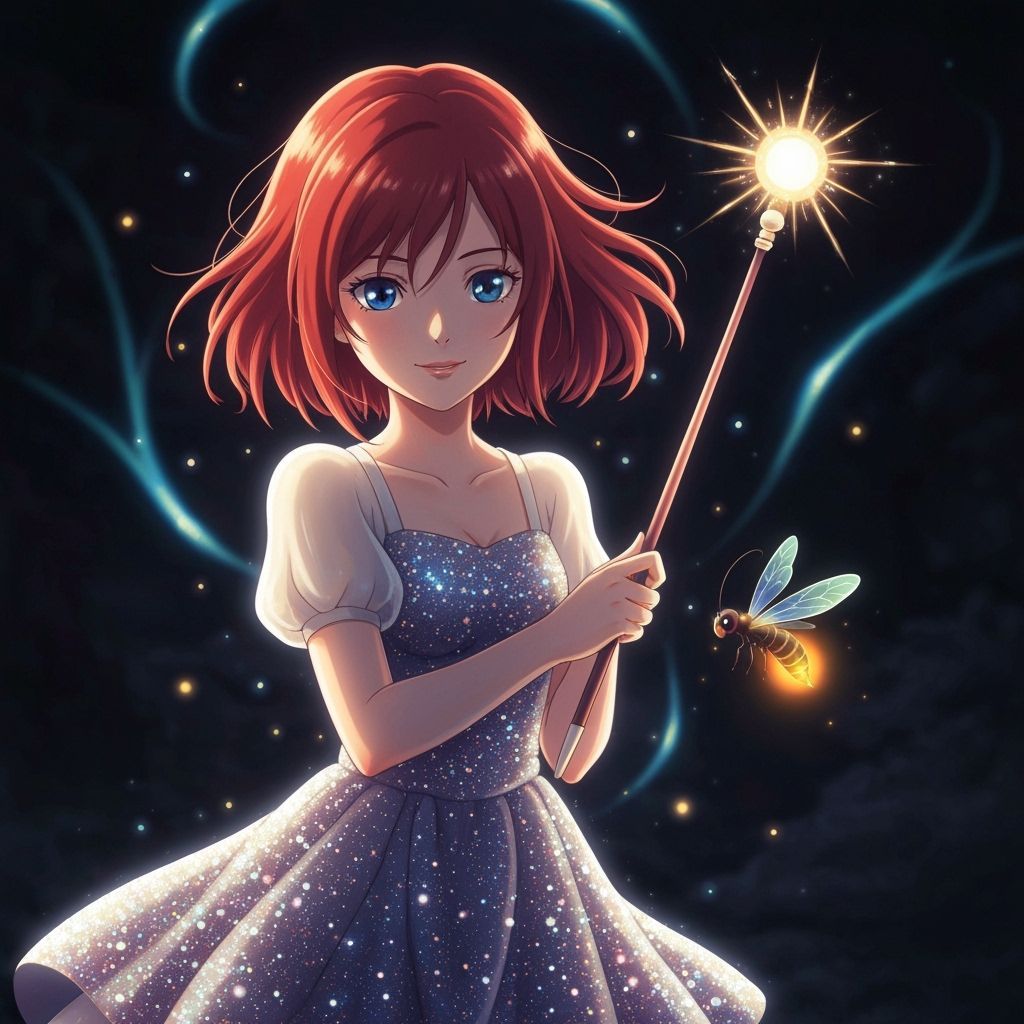 Magical Girl with Firefly Guardian, Ghibli Anime Style