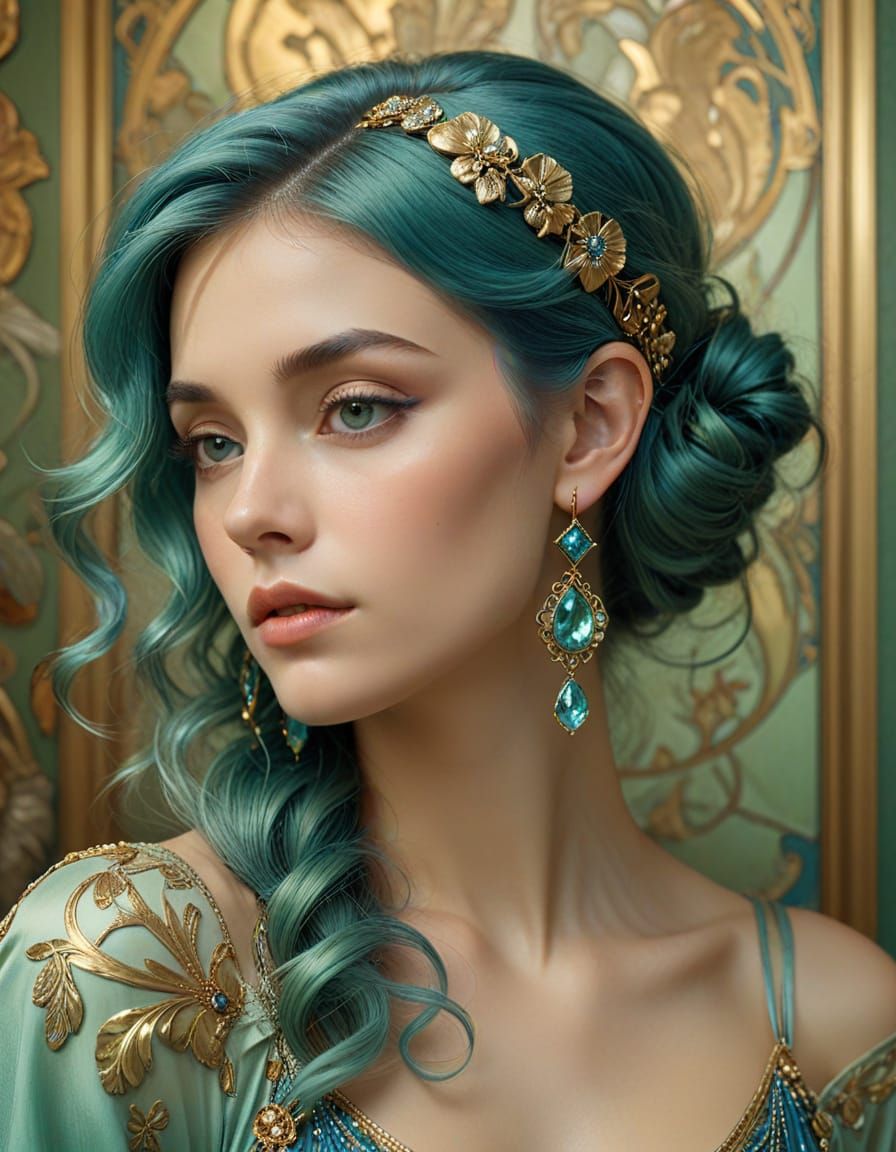 Art Nouveau Woman with Flowing Hair and Gemstone Earrings