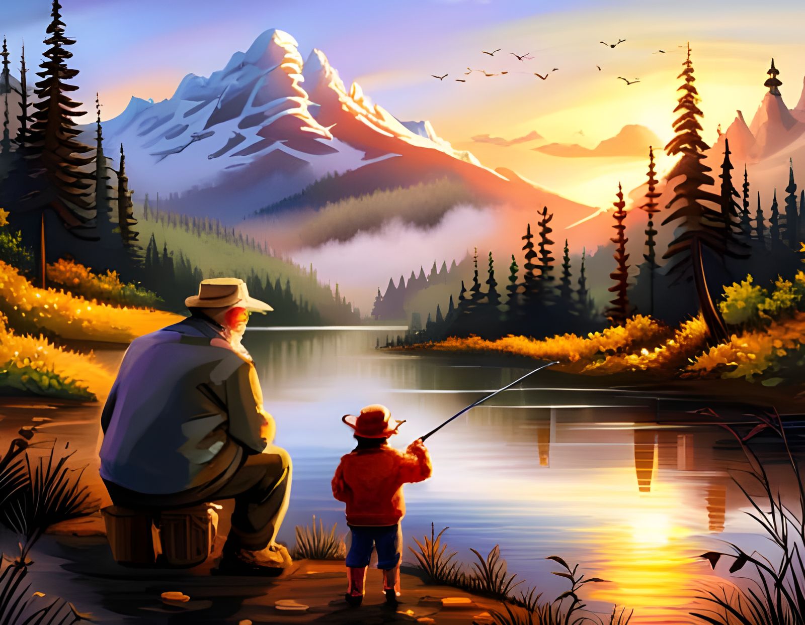 Grandfather and Grandson Fishing at Lake Shore