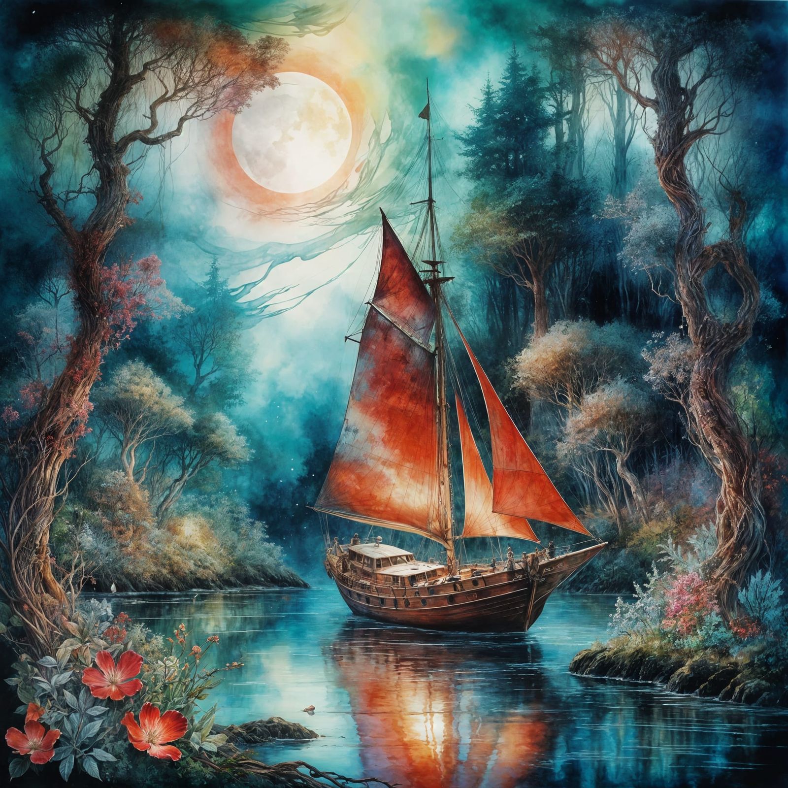 Dreamy Pirate Sailboat Under Moonlit Skies