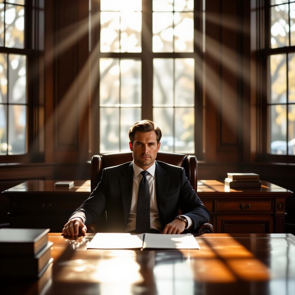 Lawyer Contemplating in Wood-Paneled Office