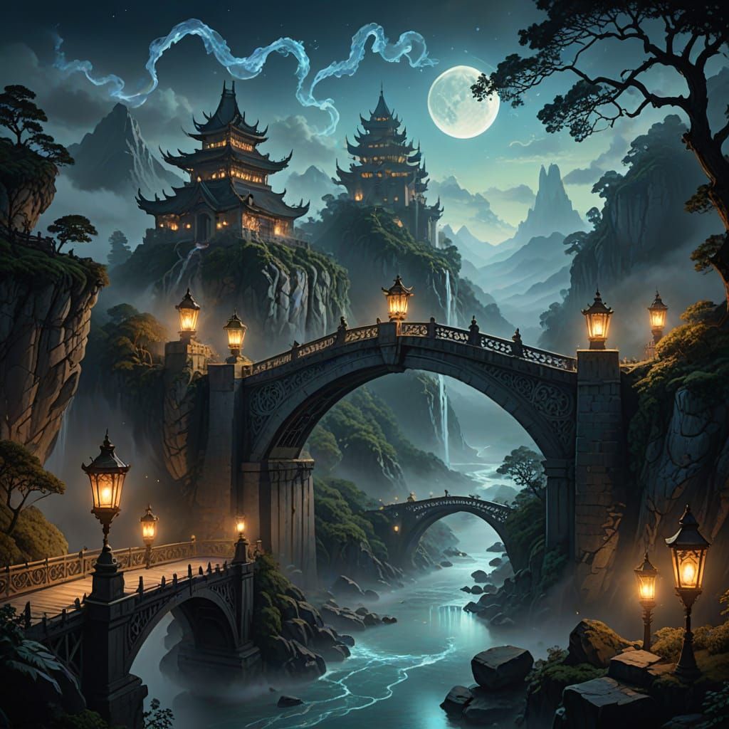 Mystical, Ancient Bridge Connects Mountains in a Moonlit Val...