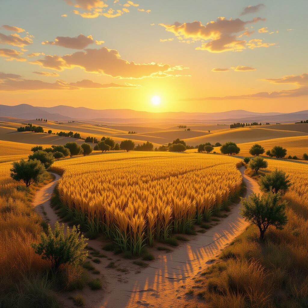 Sunrise Over Desert Wheat Field with Trees and Wooden Paths