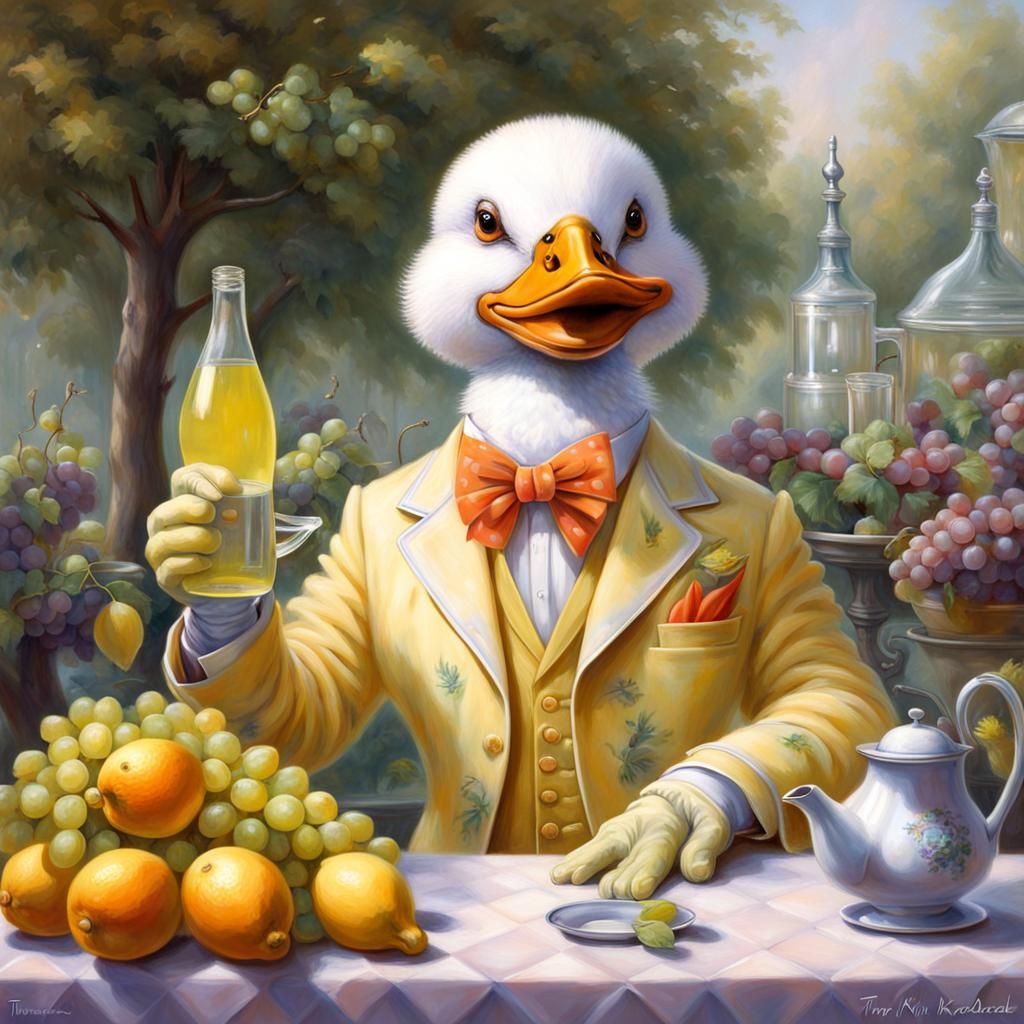 Playful Duck in Fancy Suit at Lemonade Stand