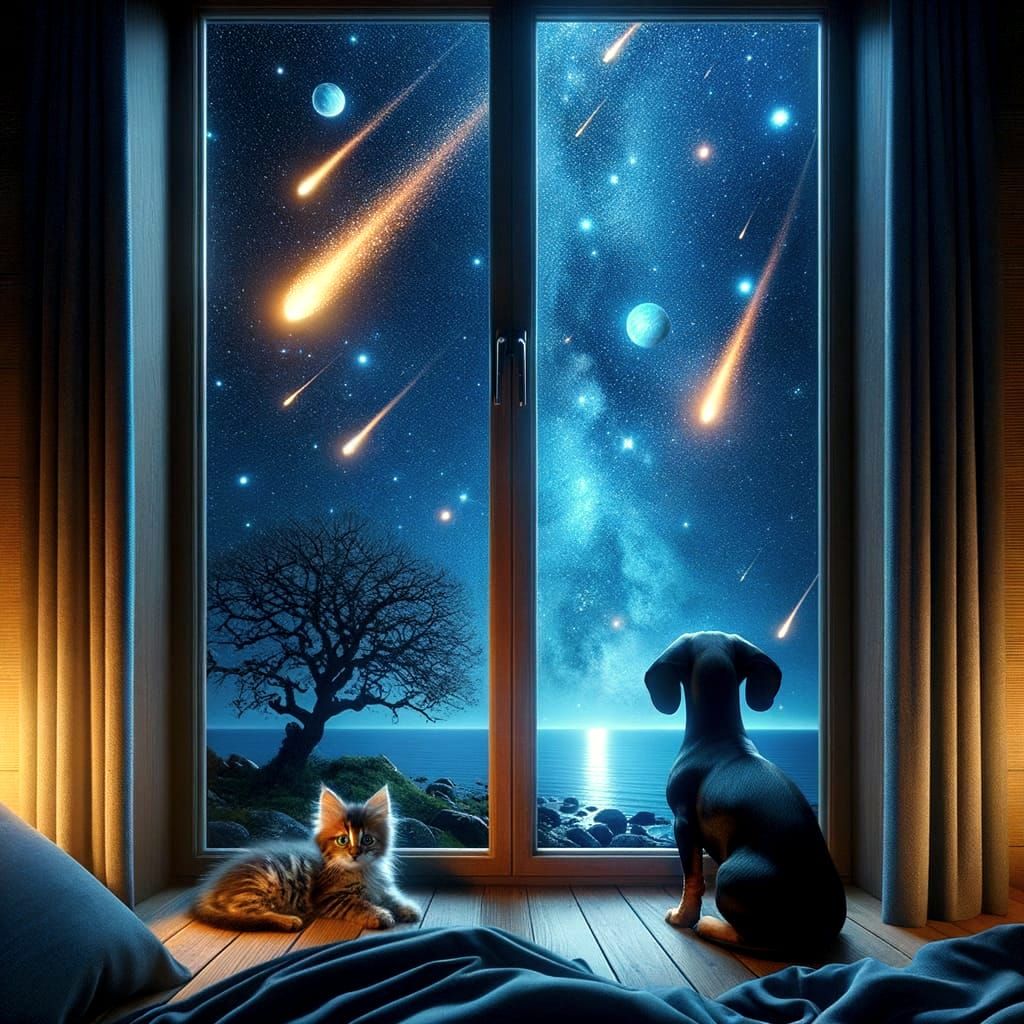 Stunning Bedroom Window View of Night Sky with Curious Pets