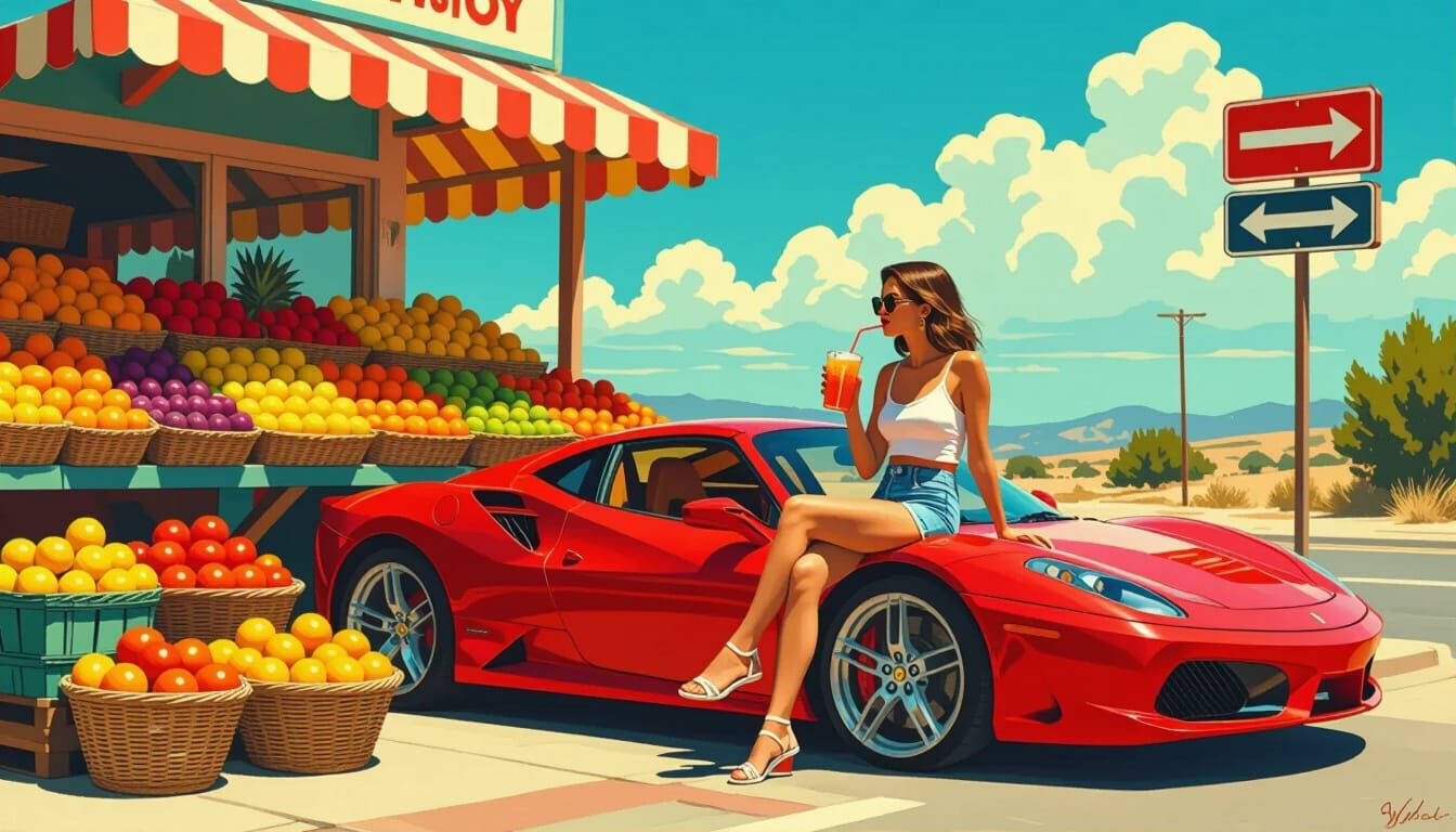 Woman at Fruit Stand in Hockney-esque Style