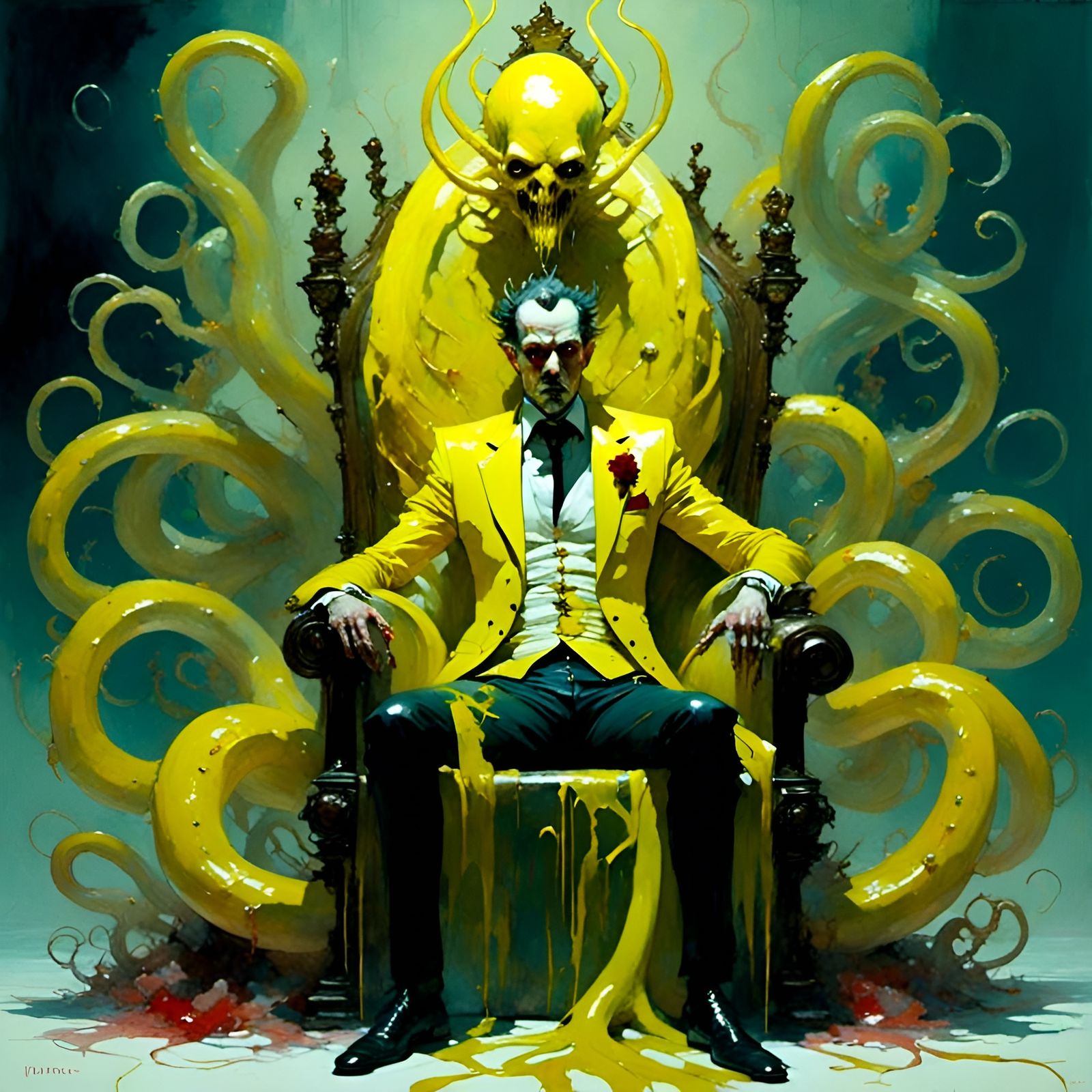Terrifying Tentacled King on Throne in Watercolor Style