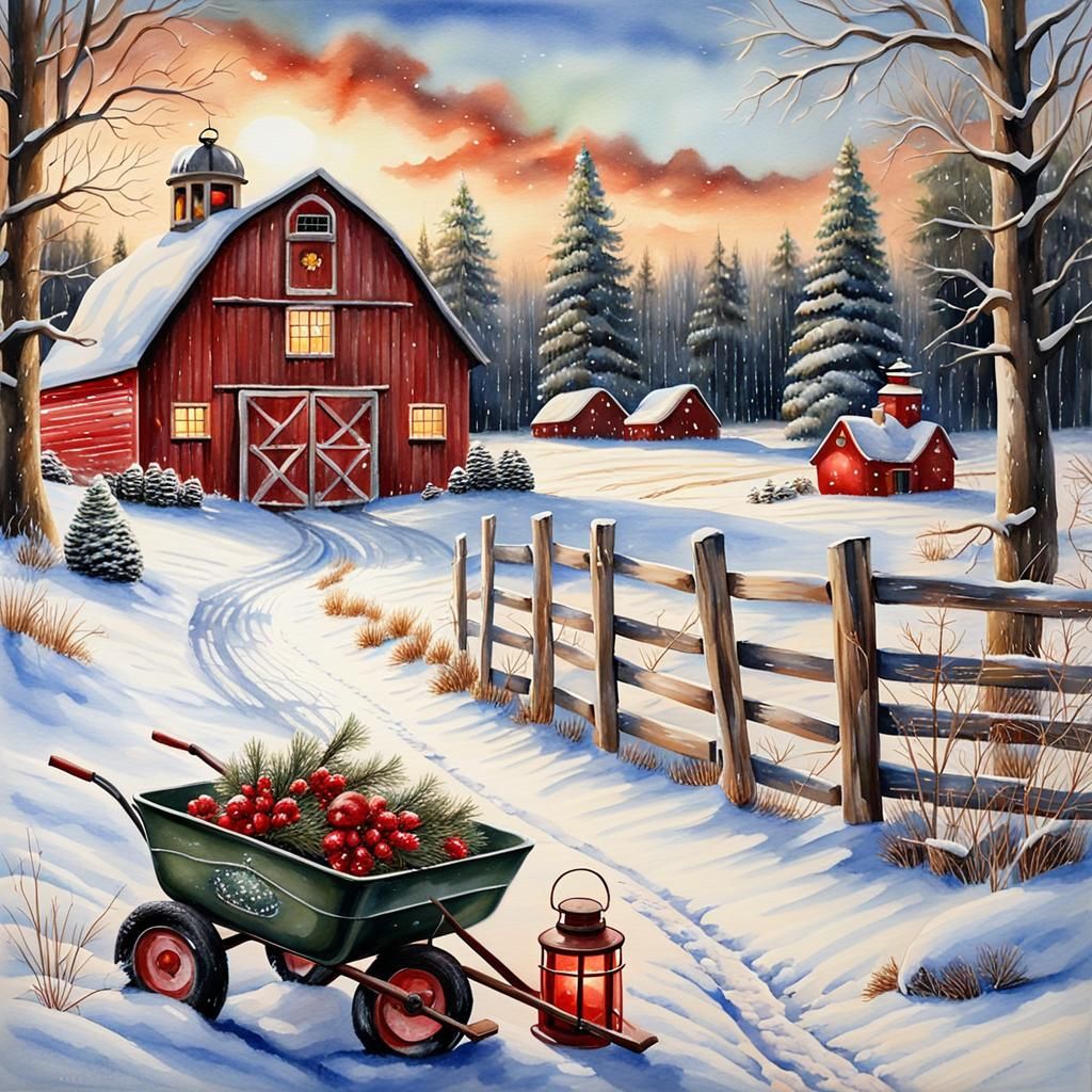 Snowy Red Barn in Country Victoria Landscape