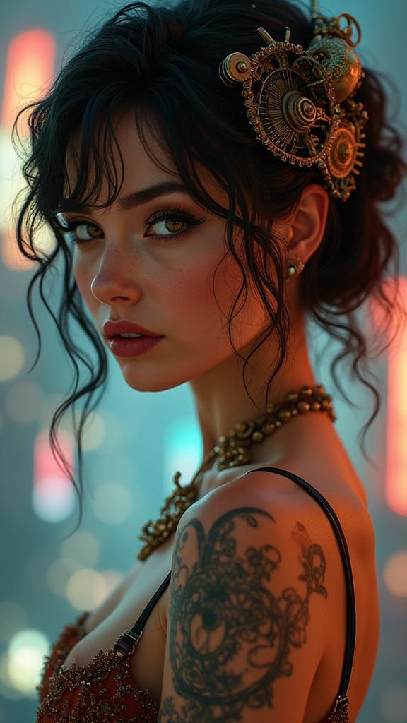 Pin-Up Woman with Steampunk Tattoos in Neon City