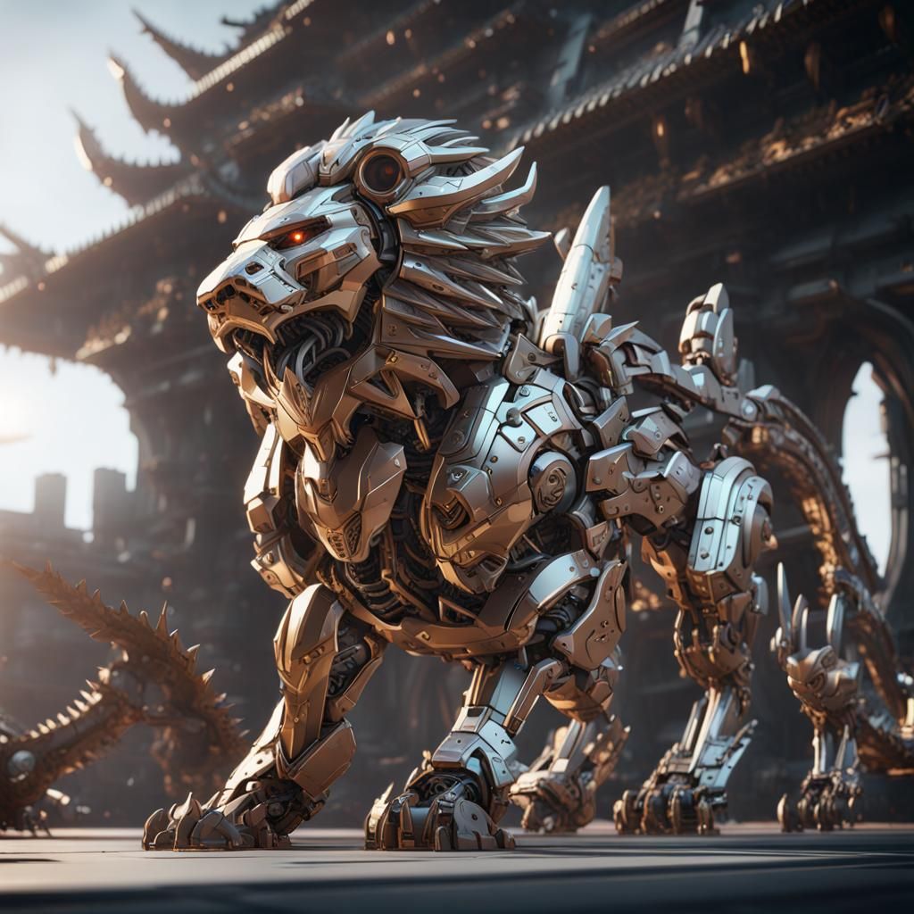 Futuristic Lion and Dragon Mech Fusion in Sci-Fi Style