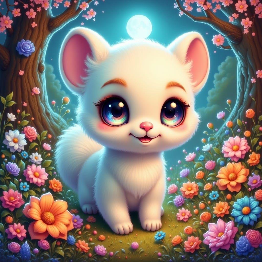 Pastel Hybrid Creature in Fantasy Meadow Illustration