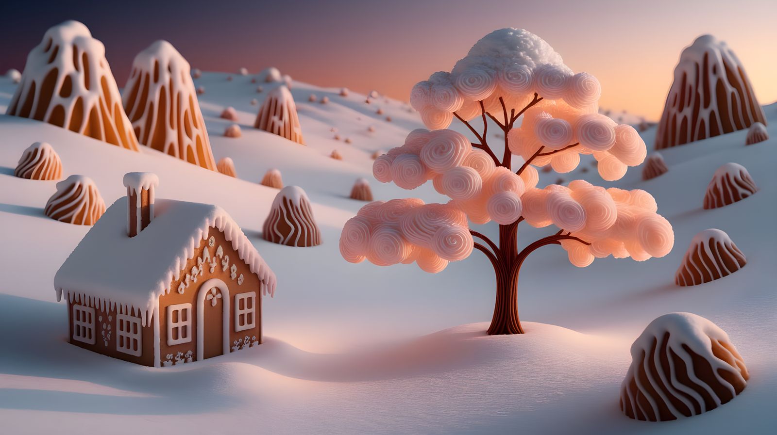 Whimsical Candy Winter Landscape in Golden Light