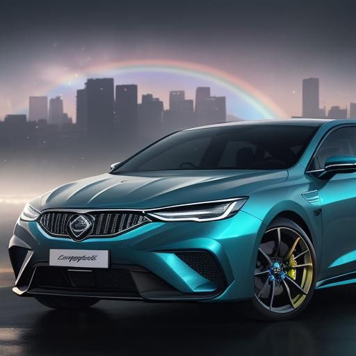 Rainbow Car in Dreamlike Cityscape: Detailed Matte Painting