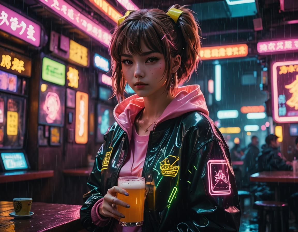 Card Captor Sakura in Cyberpunk Pub With Neon Lights