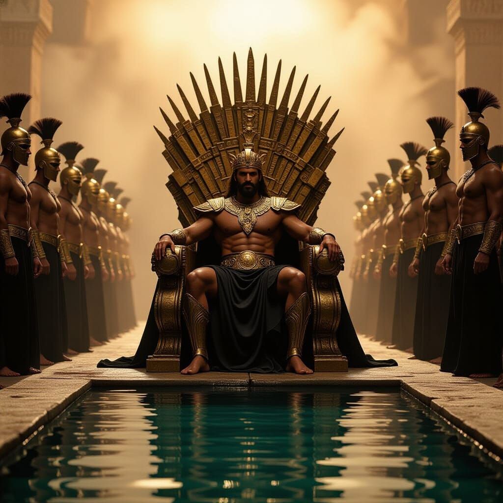 King Xerxes on Grotesque Throne in Golden Light