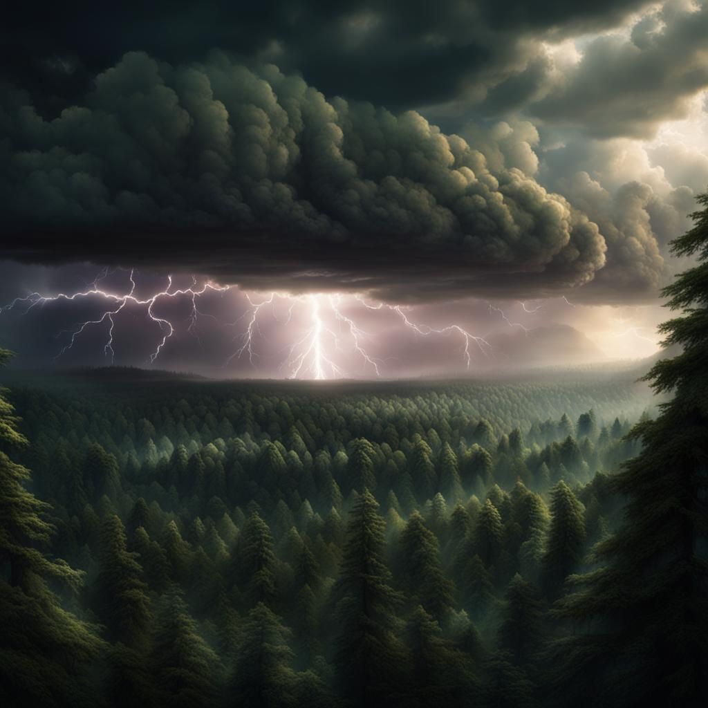 Dramatic Lightning Storm Over Forest: Digital Matte Painting